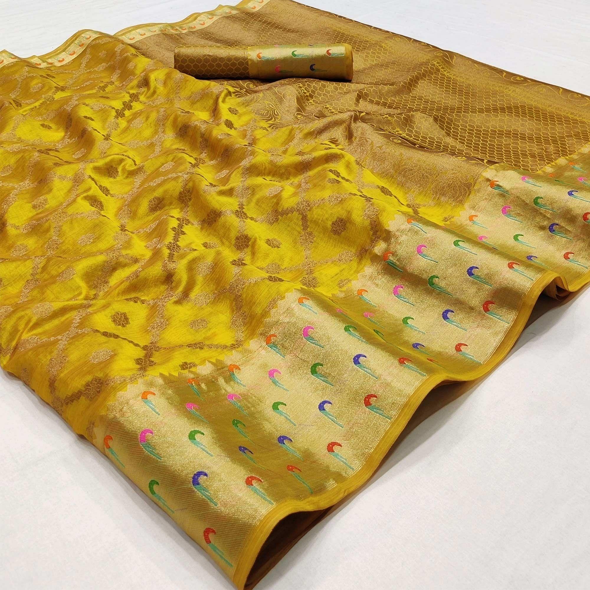 Yellow Woven Organza Saree - Peachmode