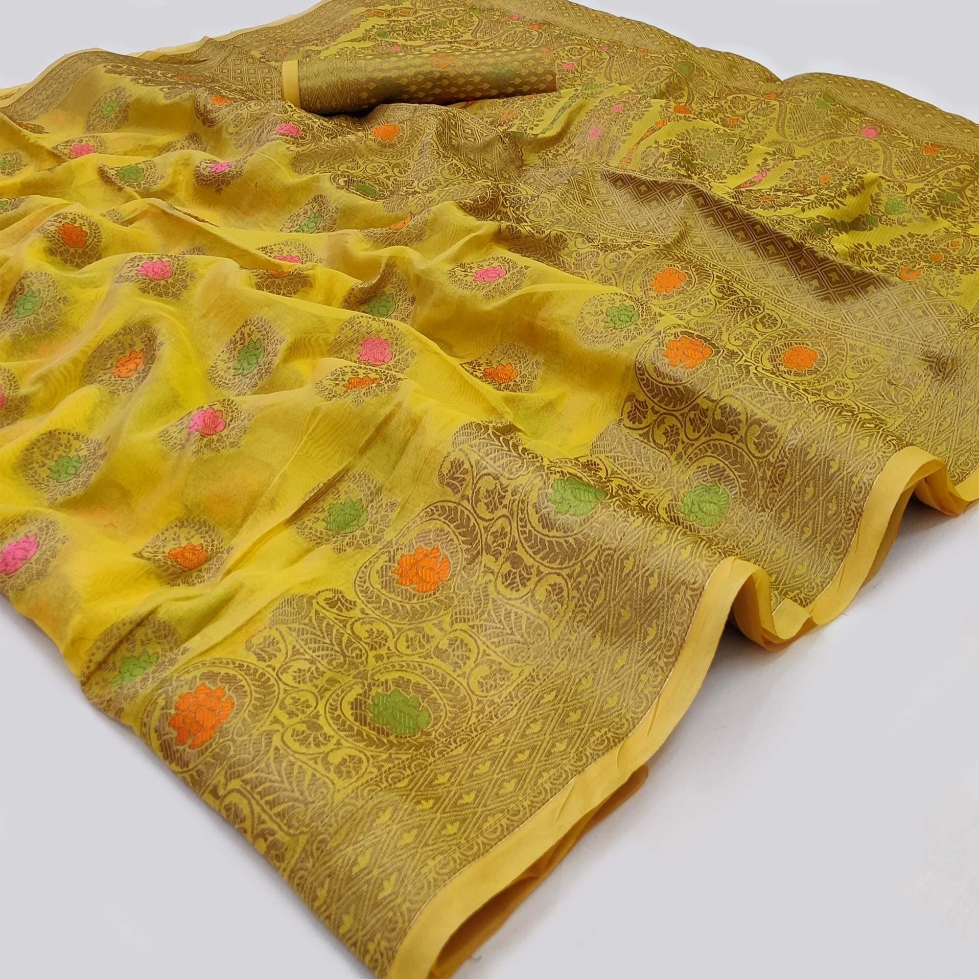 Yellow Woven Organza Saree - Peachmode