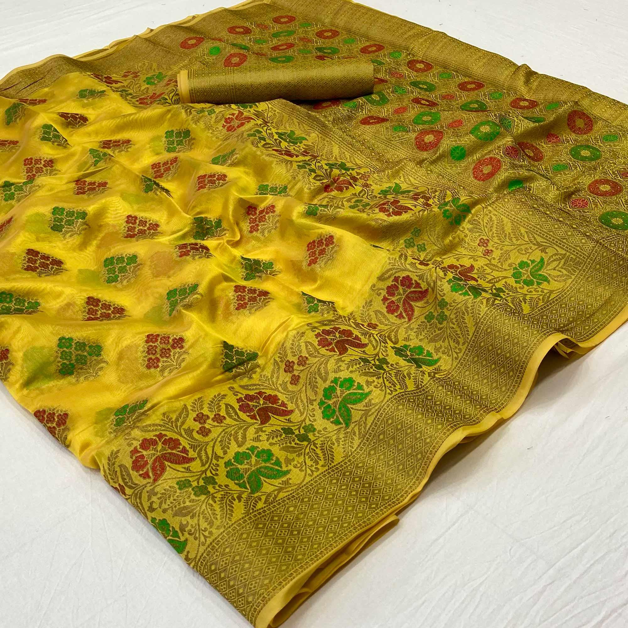 Yellow Woven Organza Saree - Peachmode