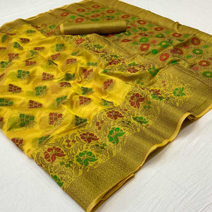 Yellow Woven Organza Saree - Peachmode
