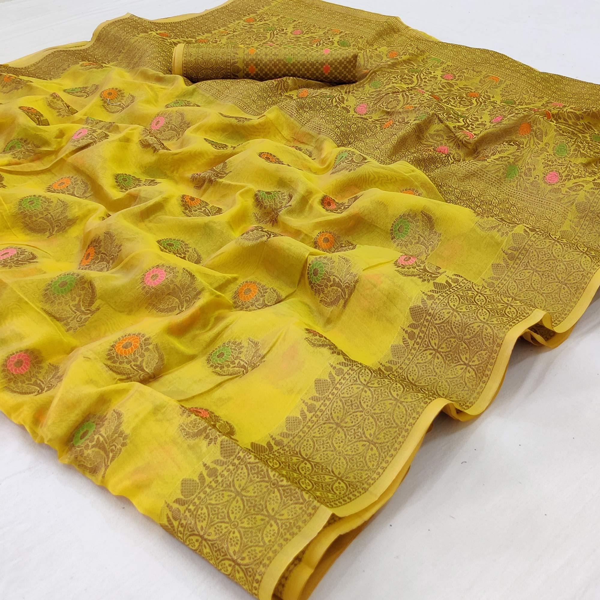 Yellow Woven Organza Saree - Peachmode