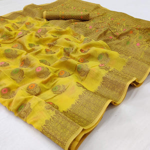 Yellow Woven Organza Saree - Peachmode