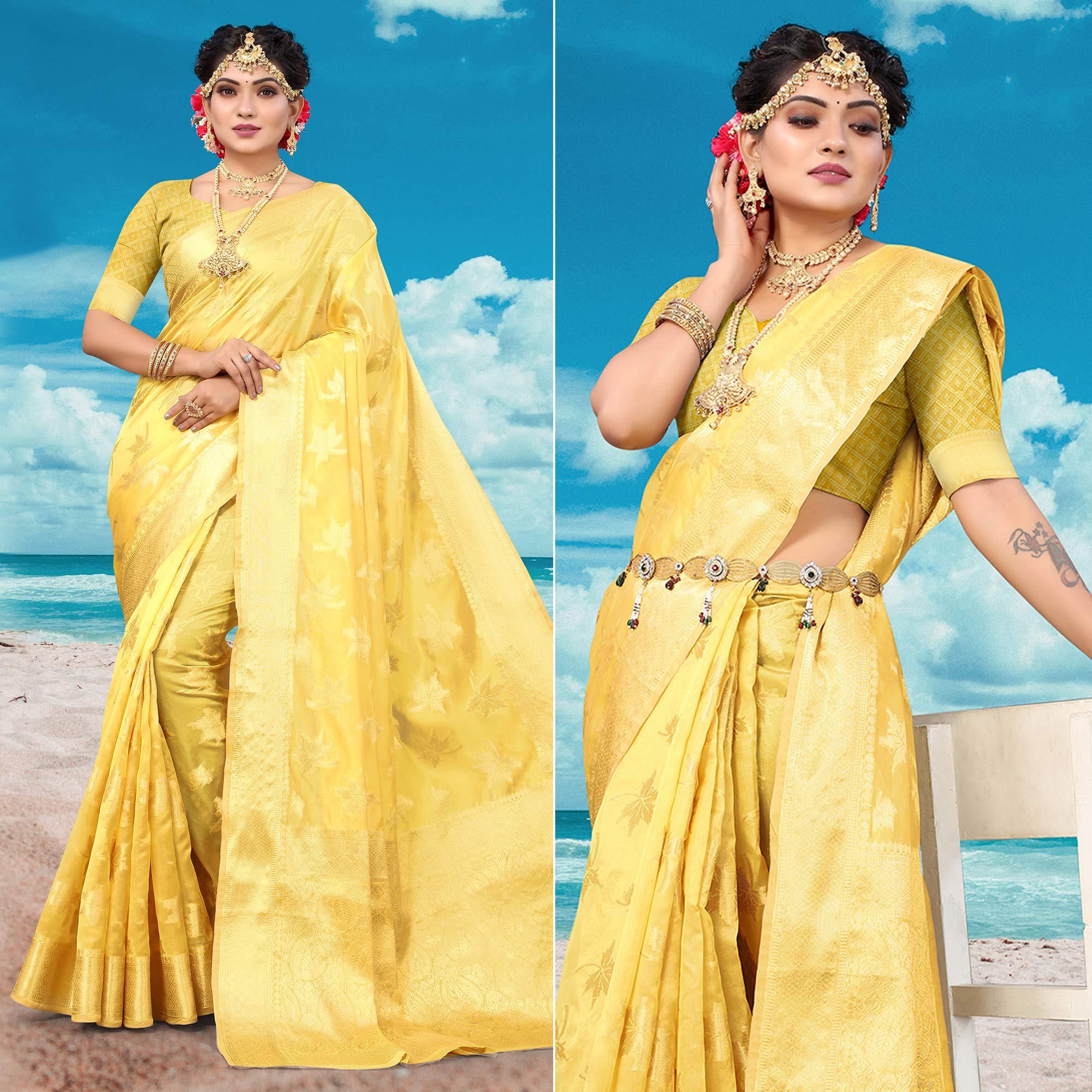 Yellow Woven Organza Saree - Peachmode