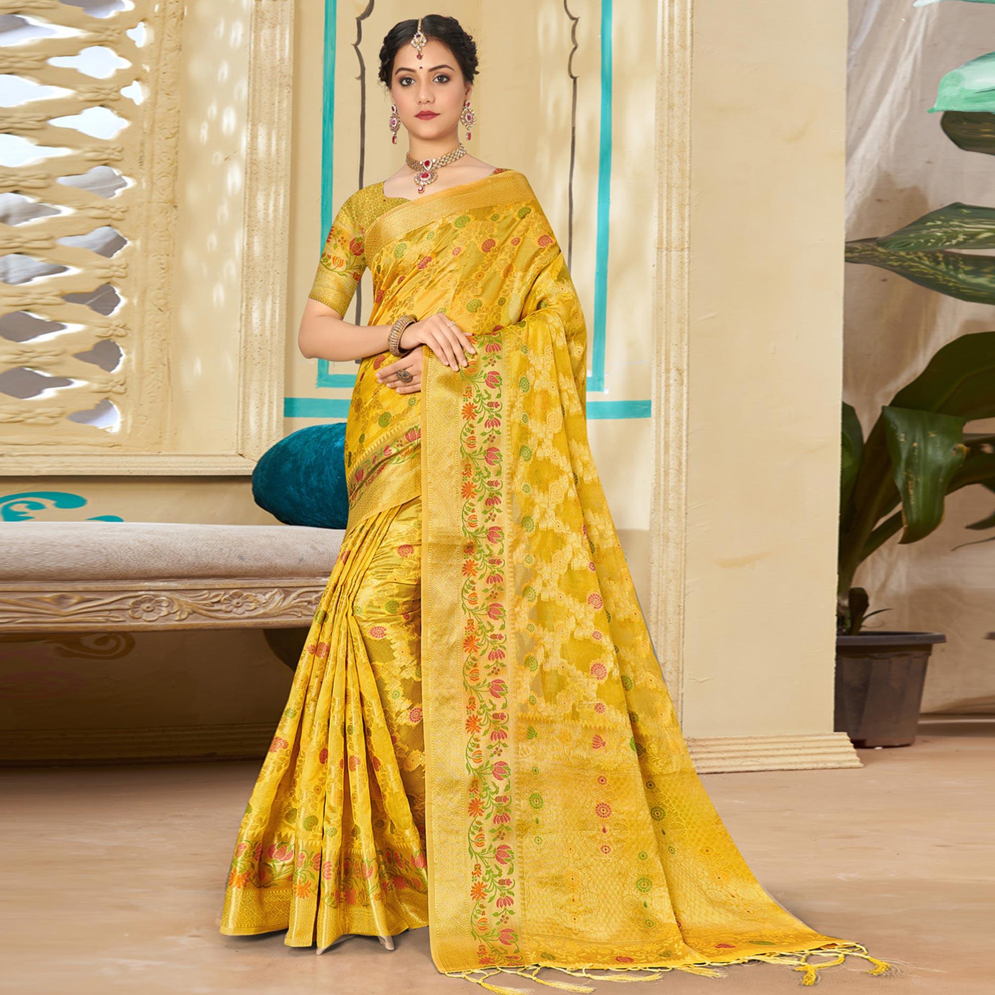 Yellow Woven Organza Saree - Peachmode