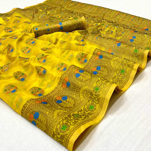Yellow Woven Organza Saree - Peachmode