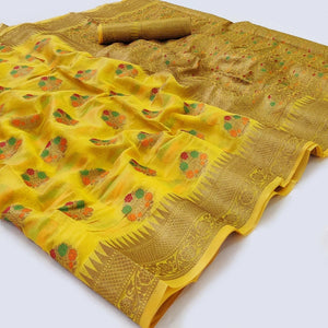Yellow Woven Organza Saree - Peachmode