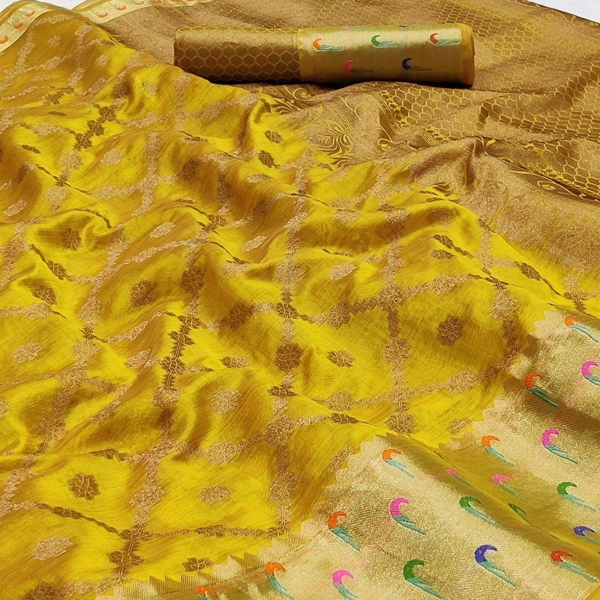 Yellow Woven Organza Saree - Peachmode