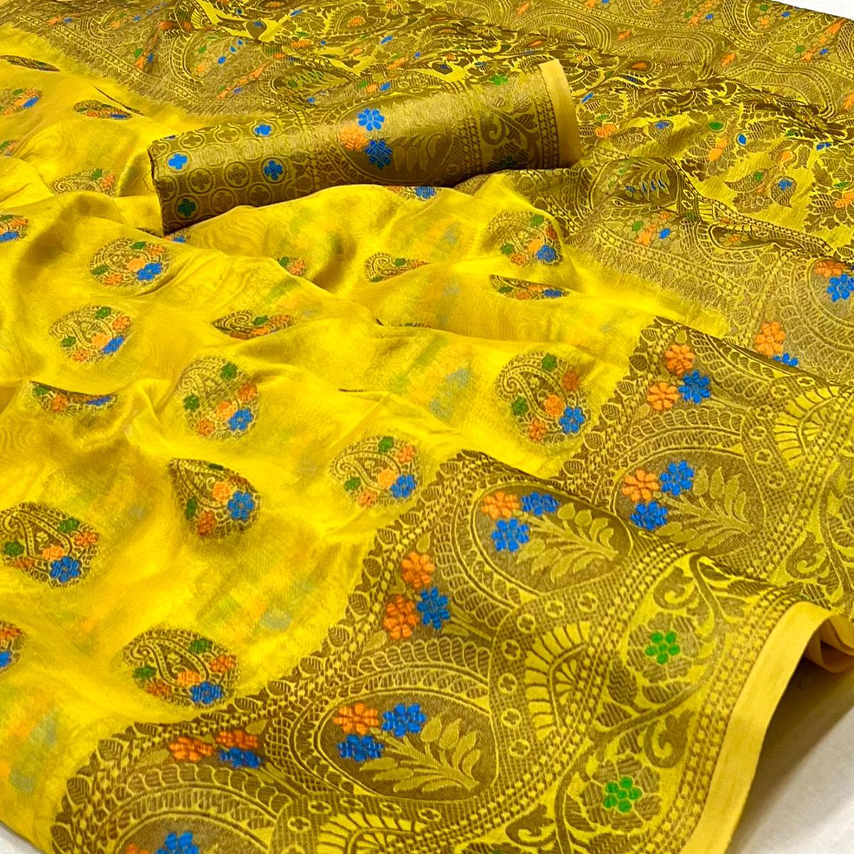 Yellow Woven Organza Saree - Peachmode