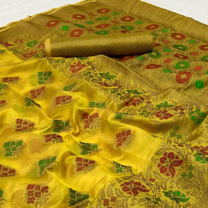 Yellow Woven Organza Saree - Peachmode