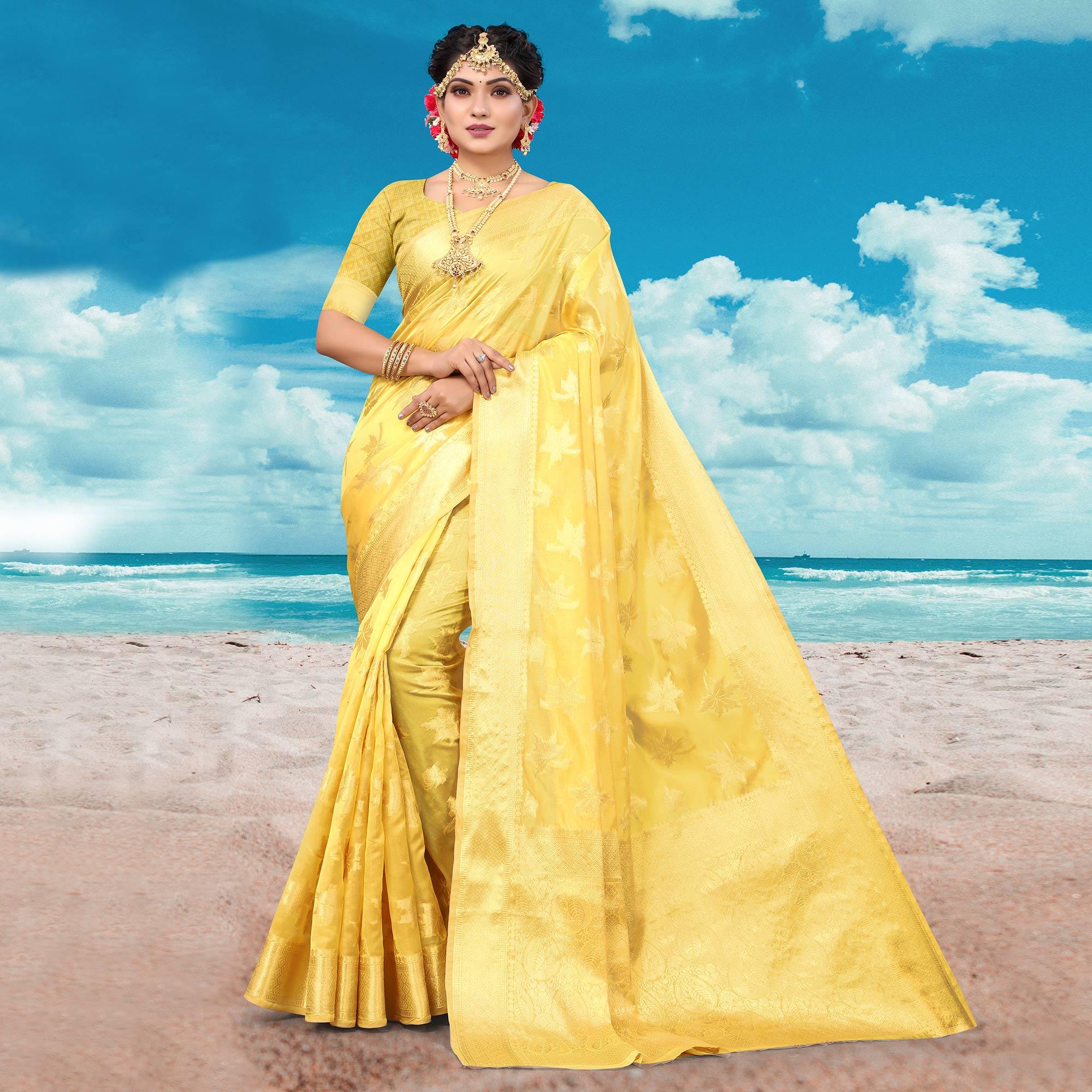 Yellow Woven Organza Saree - Peachmode