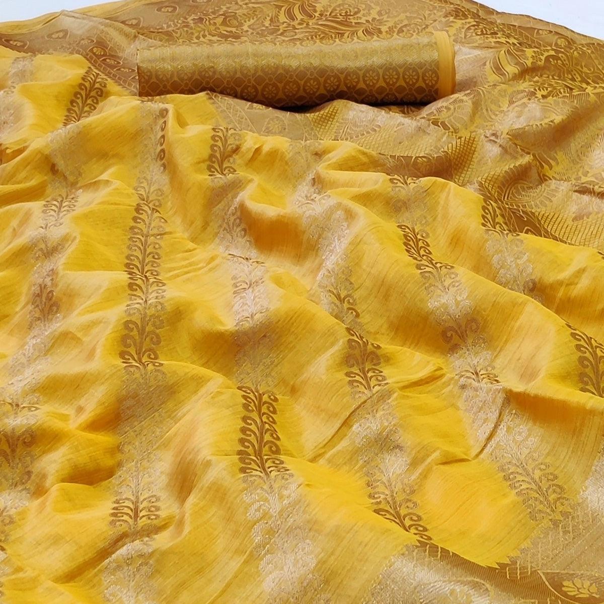 Yellow Woven Organza Saree - Peachmode