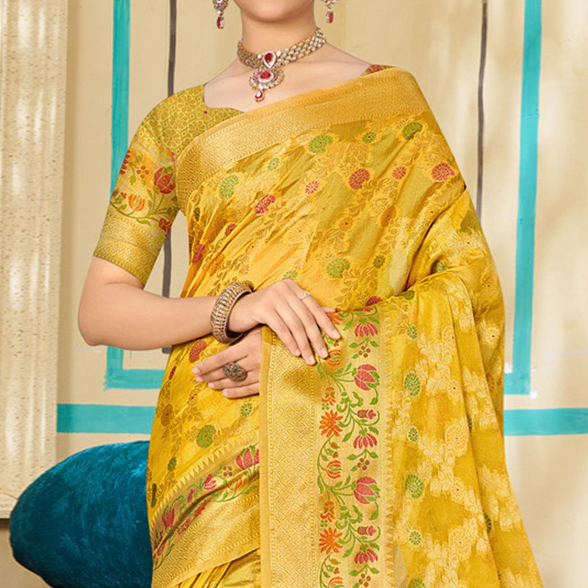 Yellow Woven Organza Saree - Peachmode