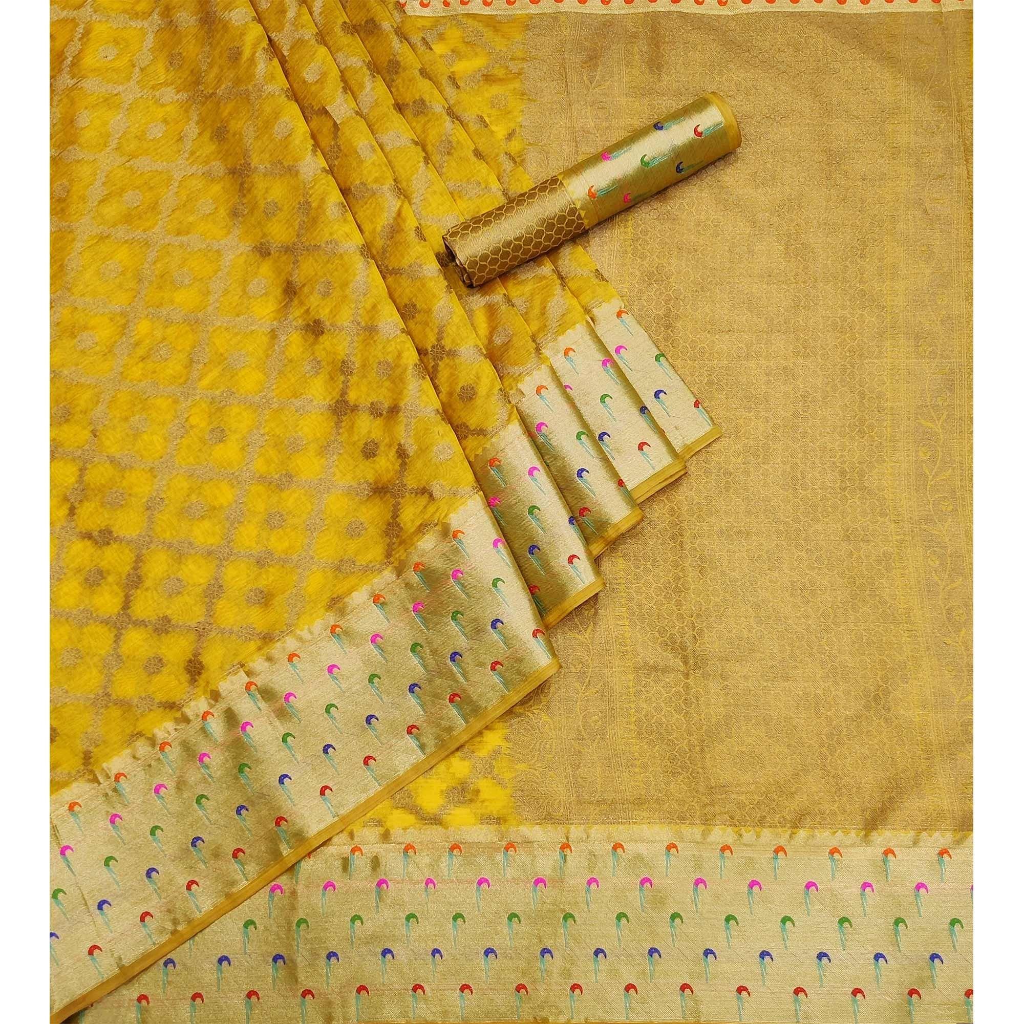 Yellow Woven Organza Saree - Peachmode