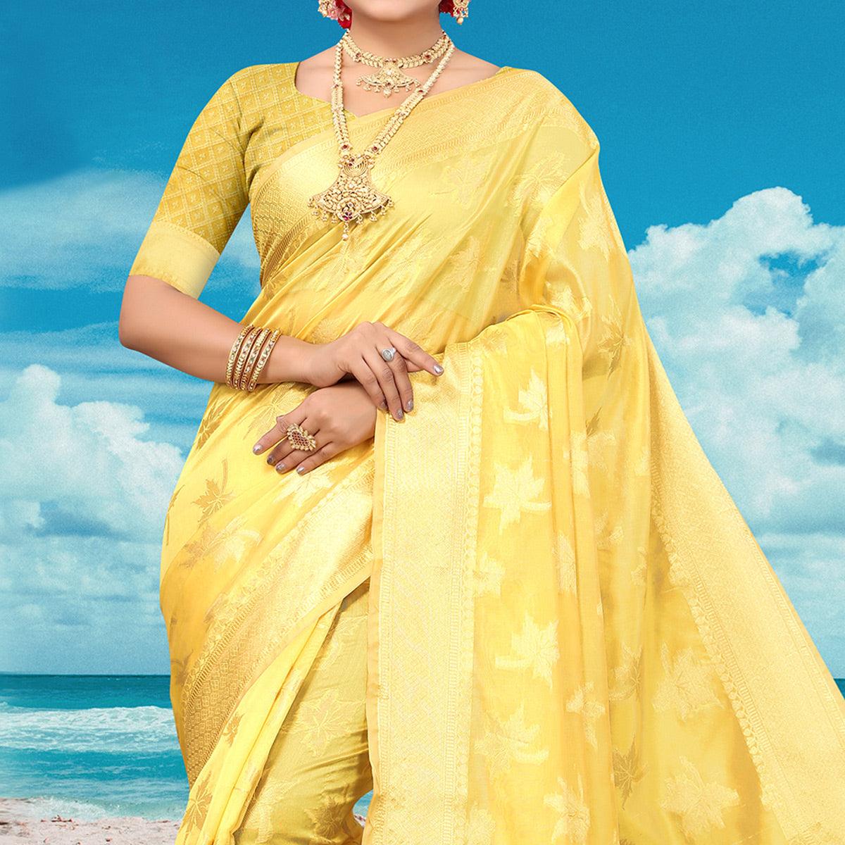 Yellow Woven Organza Saree - Peachmode