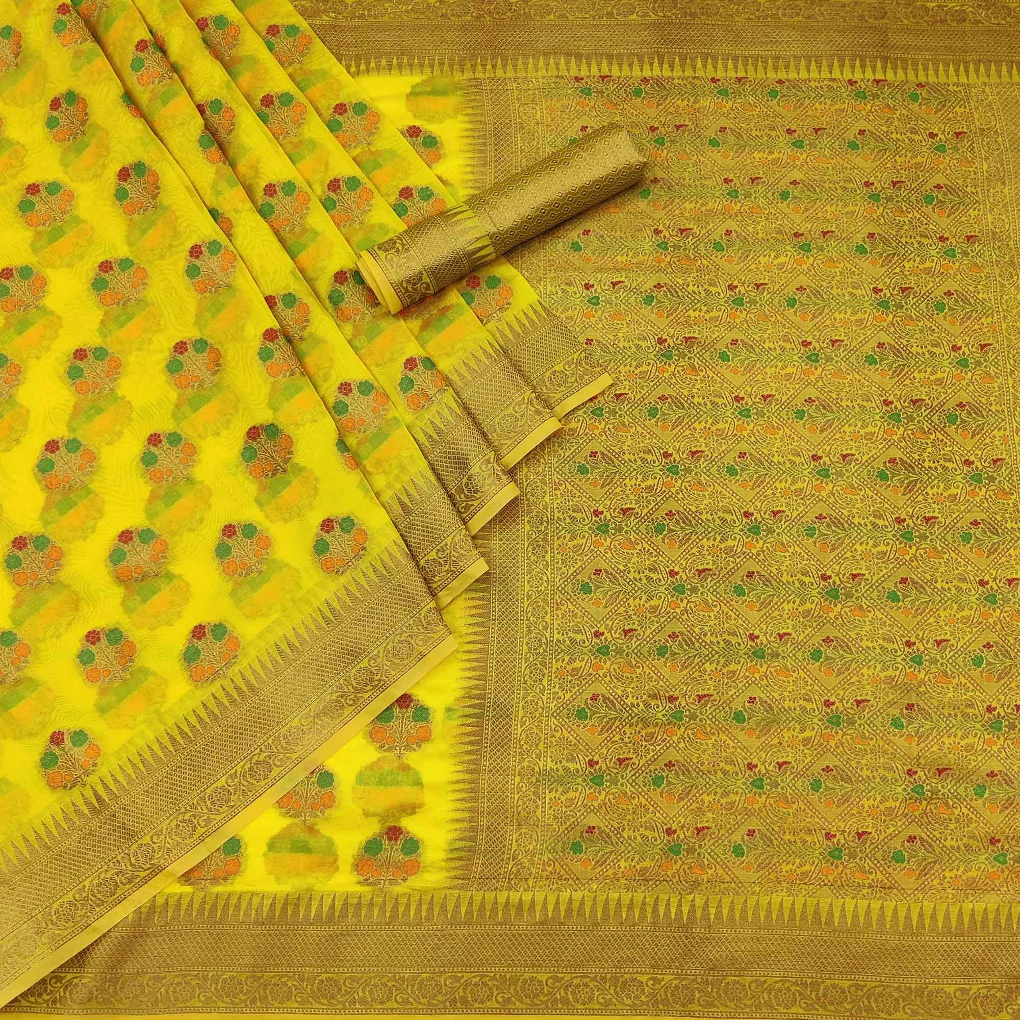 Yellow Woven Organza Saree - Peachmode