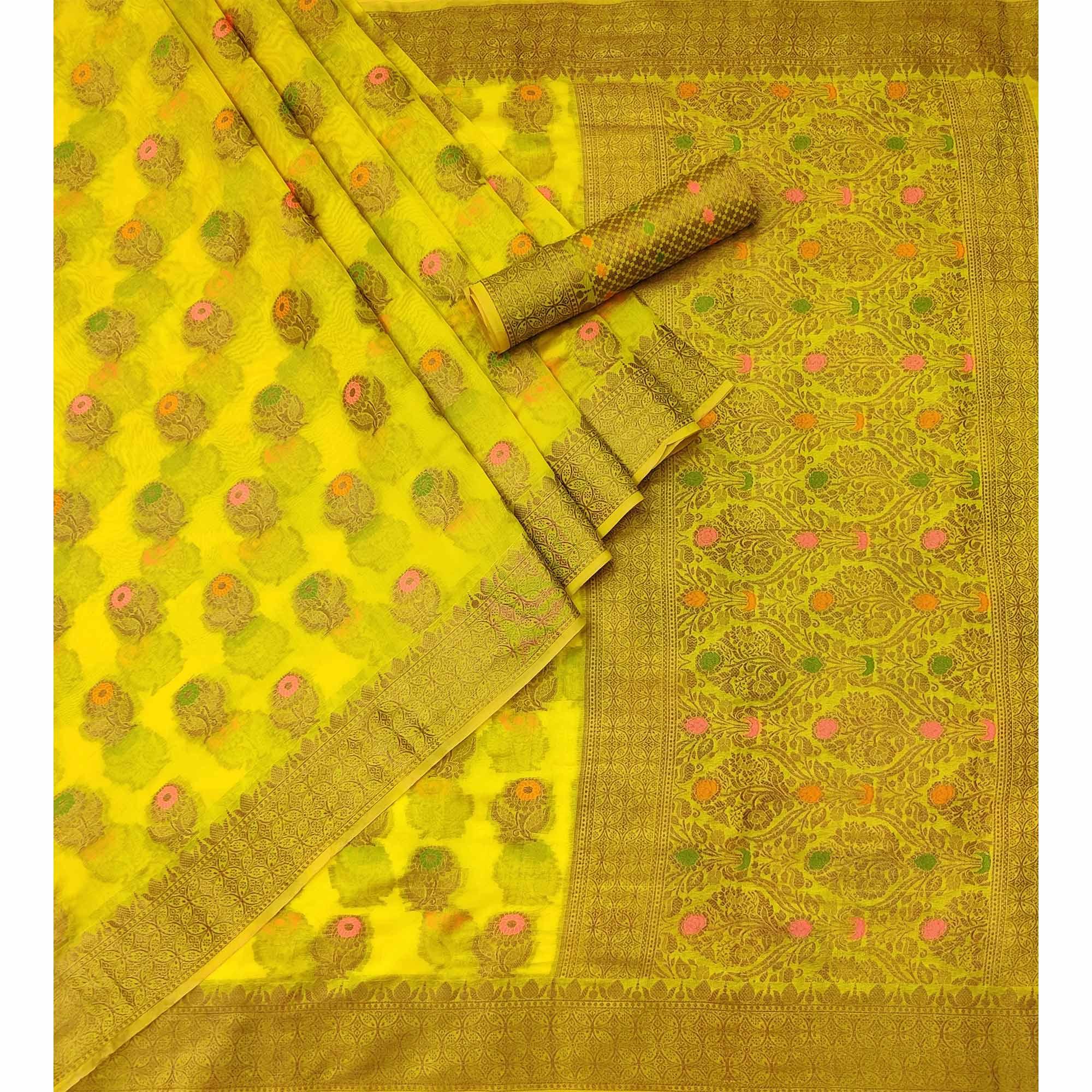 Yellow Woven Organza Saree - Peachmode