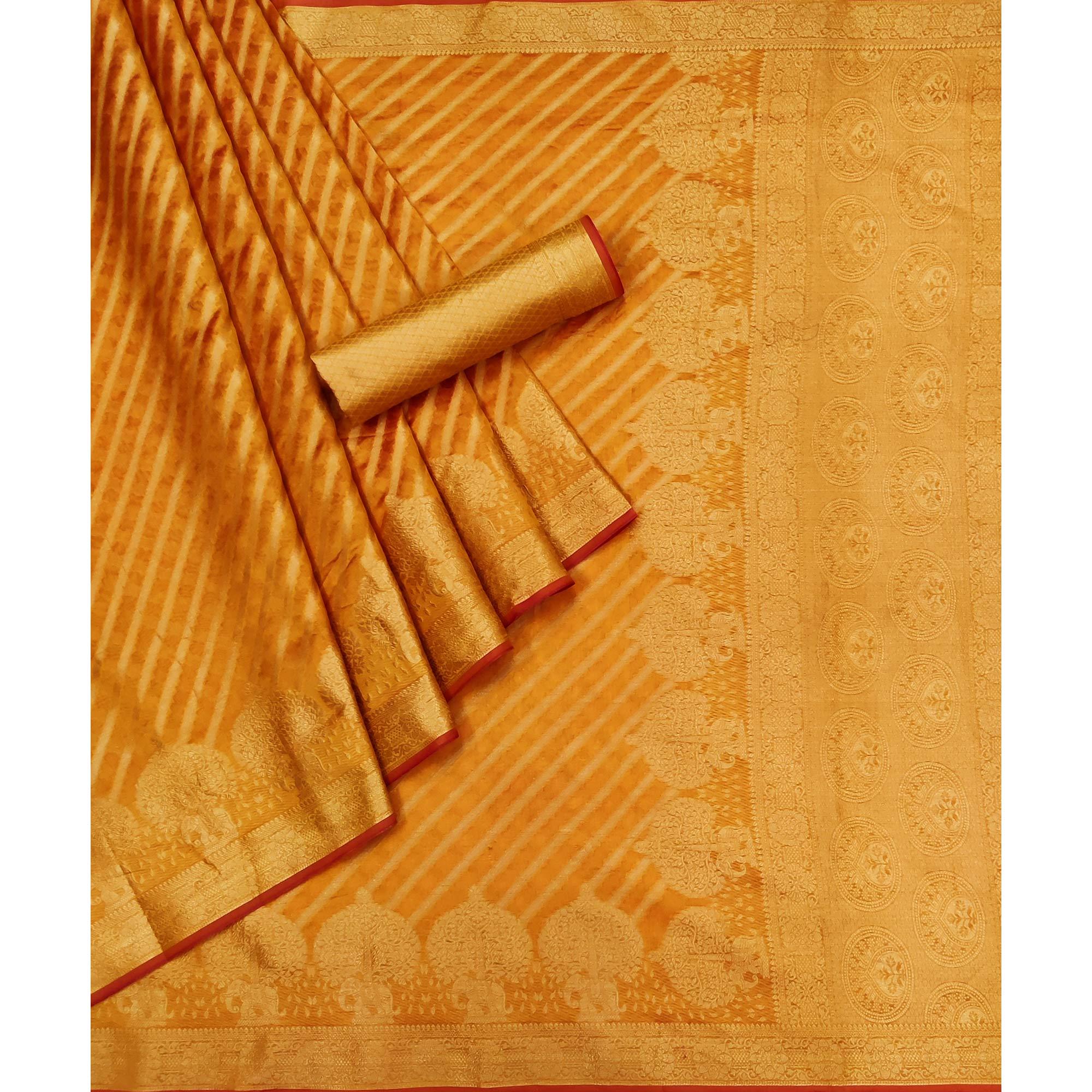 Yellow Woven Organza Saree - Peachmode