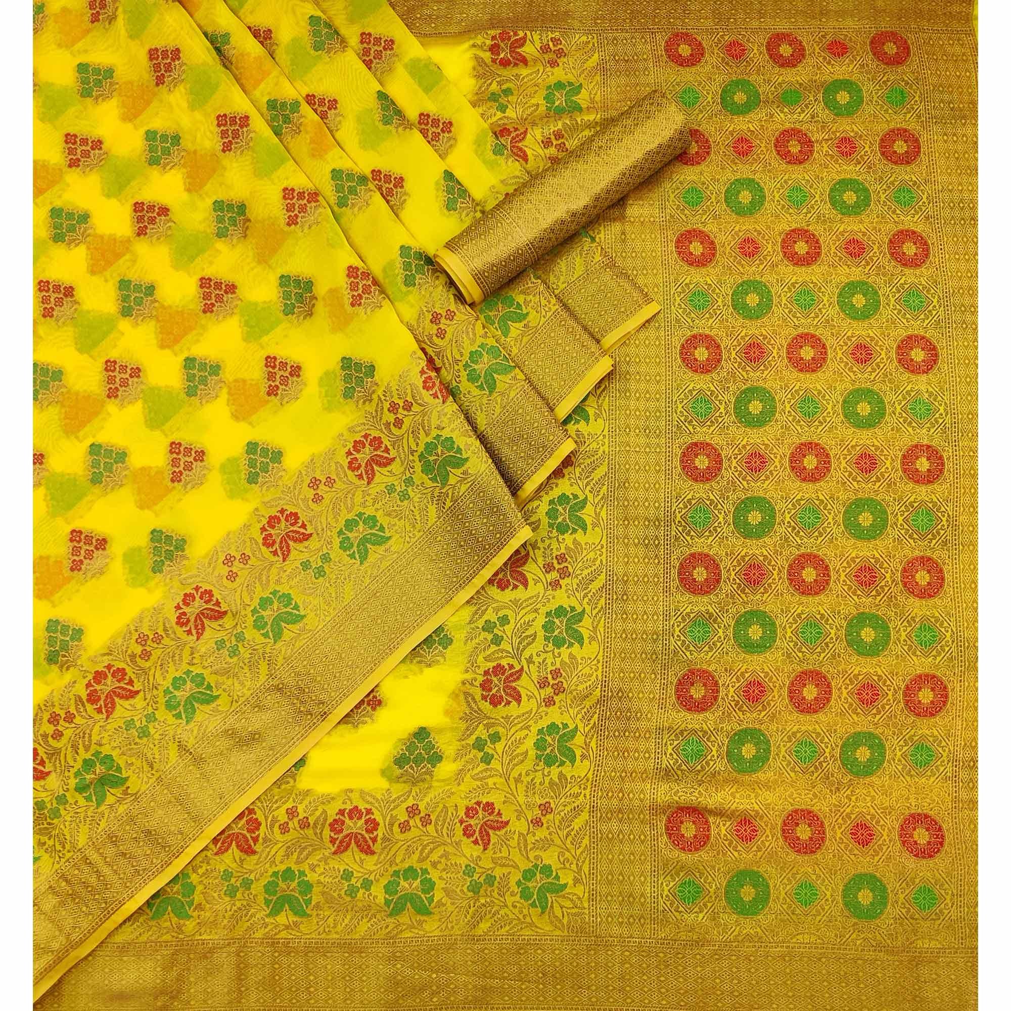 Yellow Woven Organza Saree - Peachmode