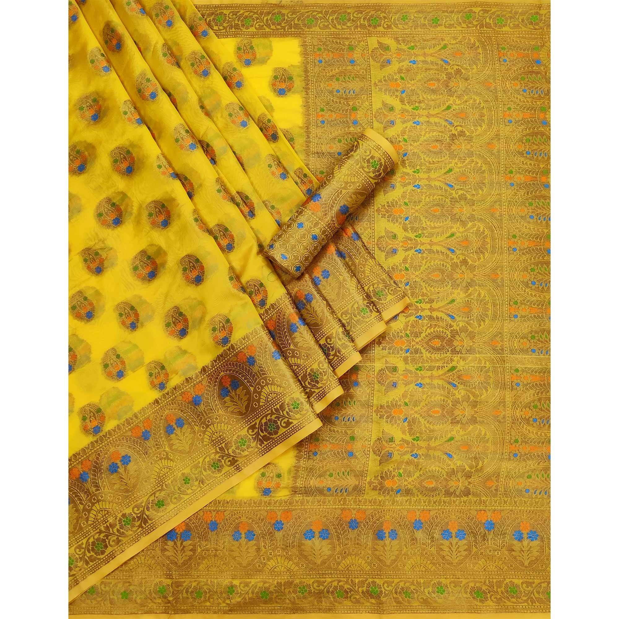 Yellow Woven Organza Saree - Peachmode