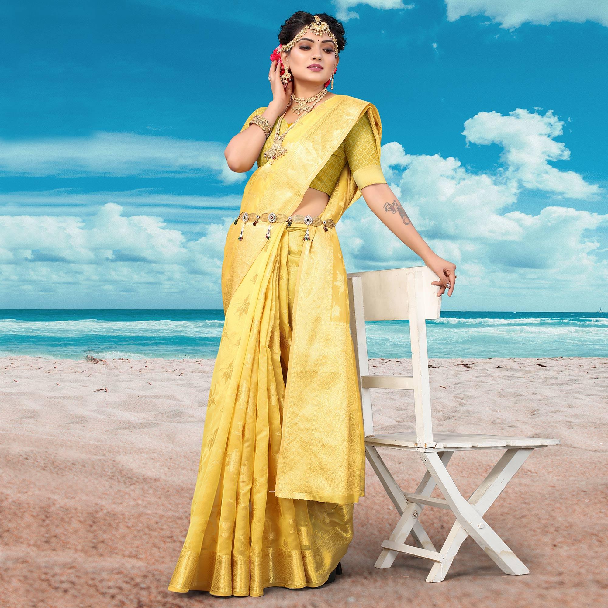 Yellow Woven Organza Saree - Peachmode