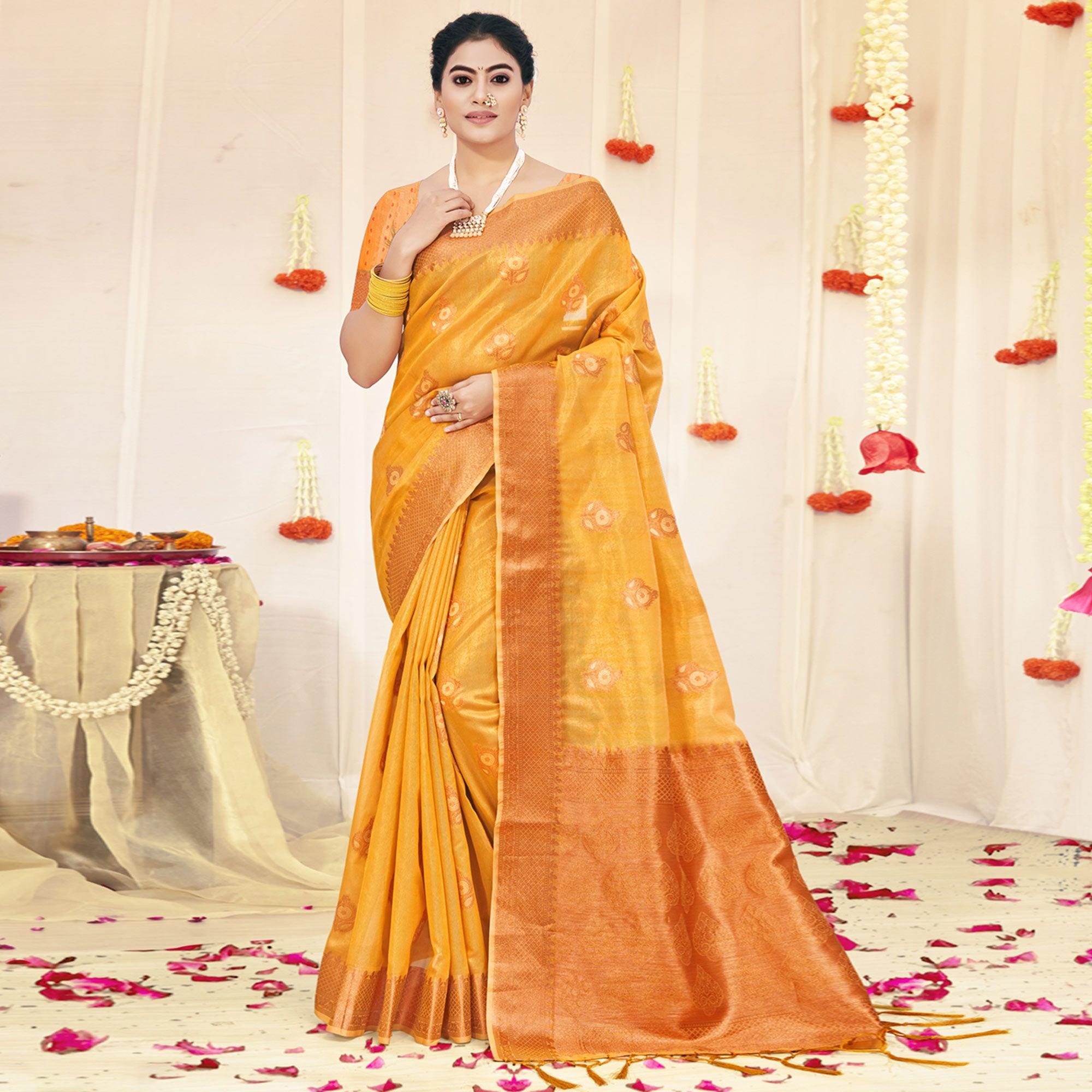 Yellow Woven Organza Saree With Tassels - Peachmode