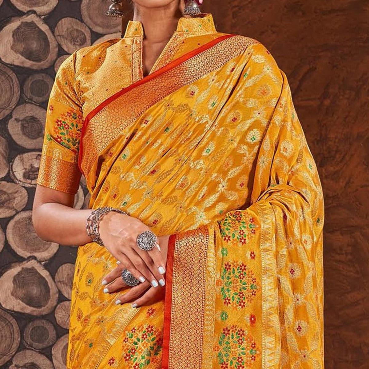 Yellow Woven Organza Saree With Tassels - Peachmode