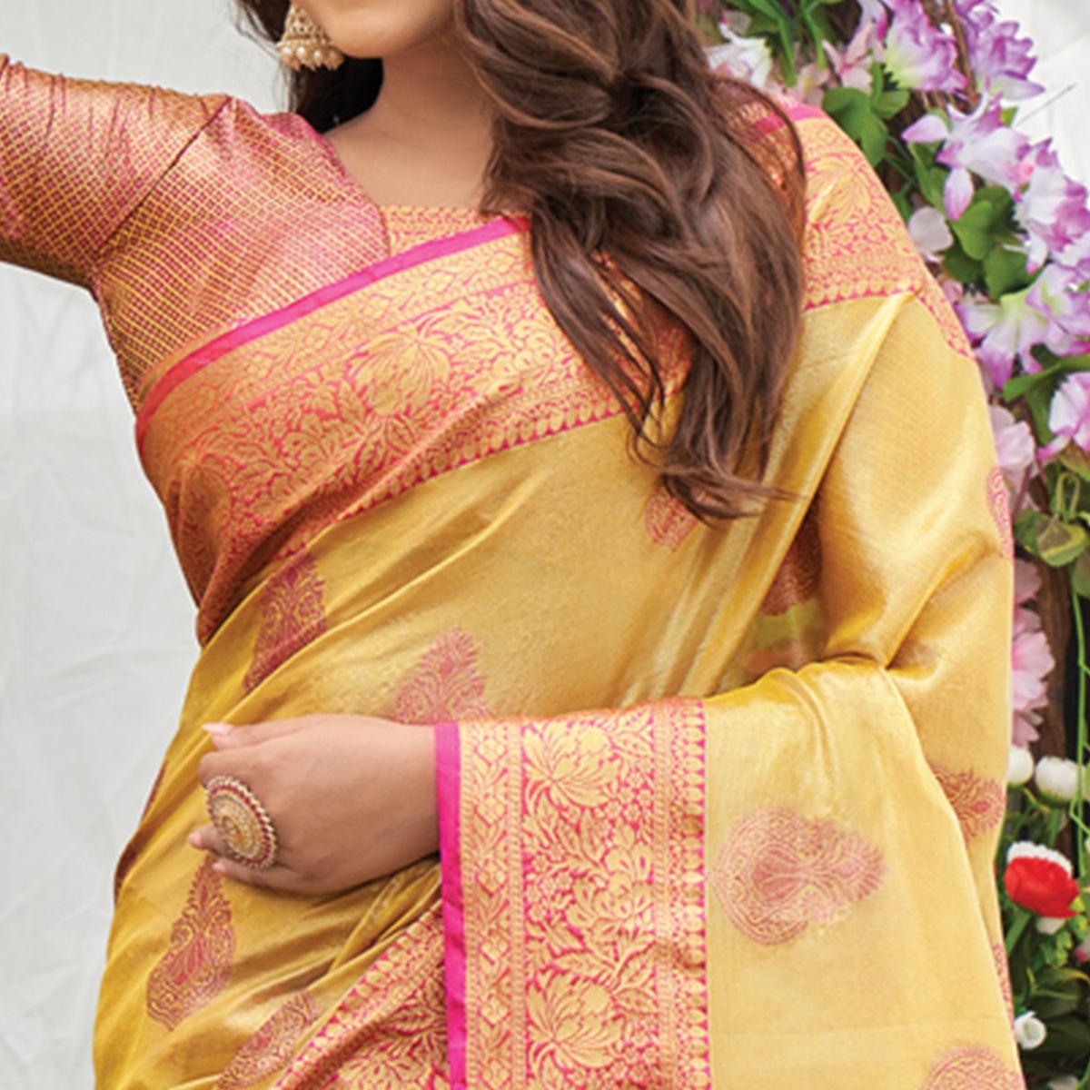 Yellow Woven Organza Saree with Tassels - Peachmode