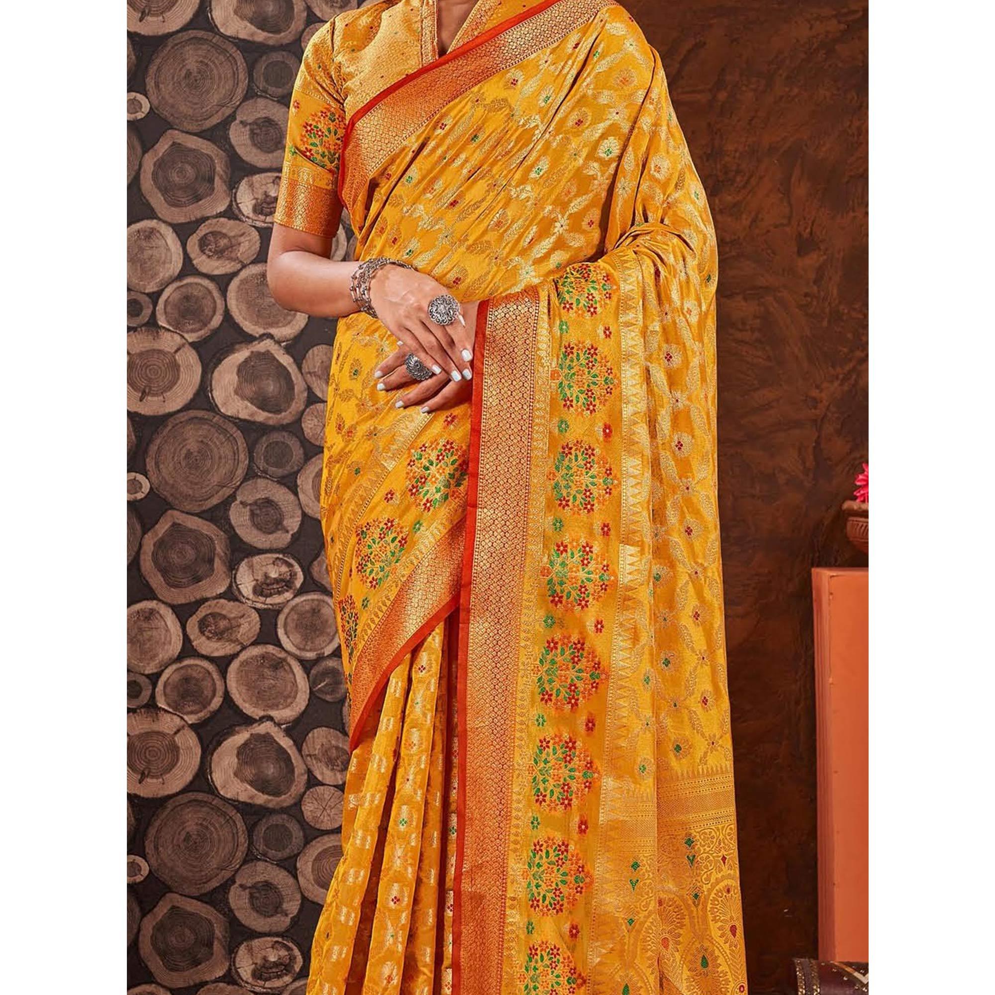 Yellow Woven Organza Saree With Tassels - Peachmode