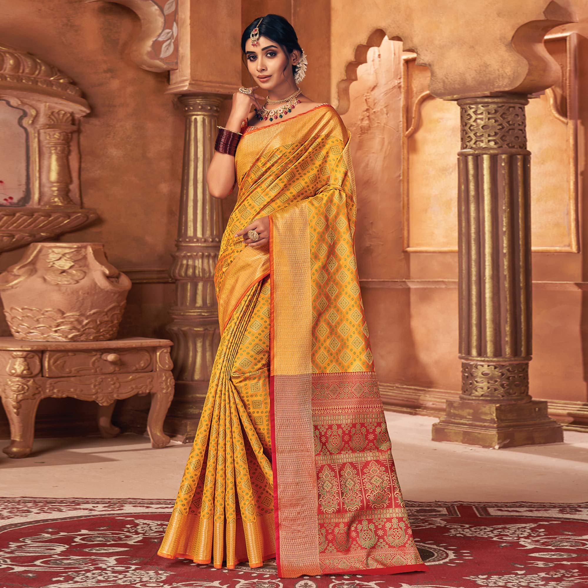 Yellow Woven Patola Art Silk Saree - Peachmode