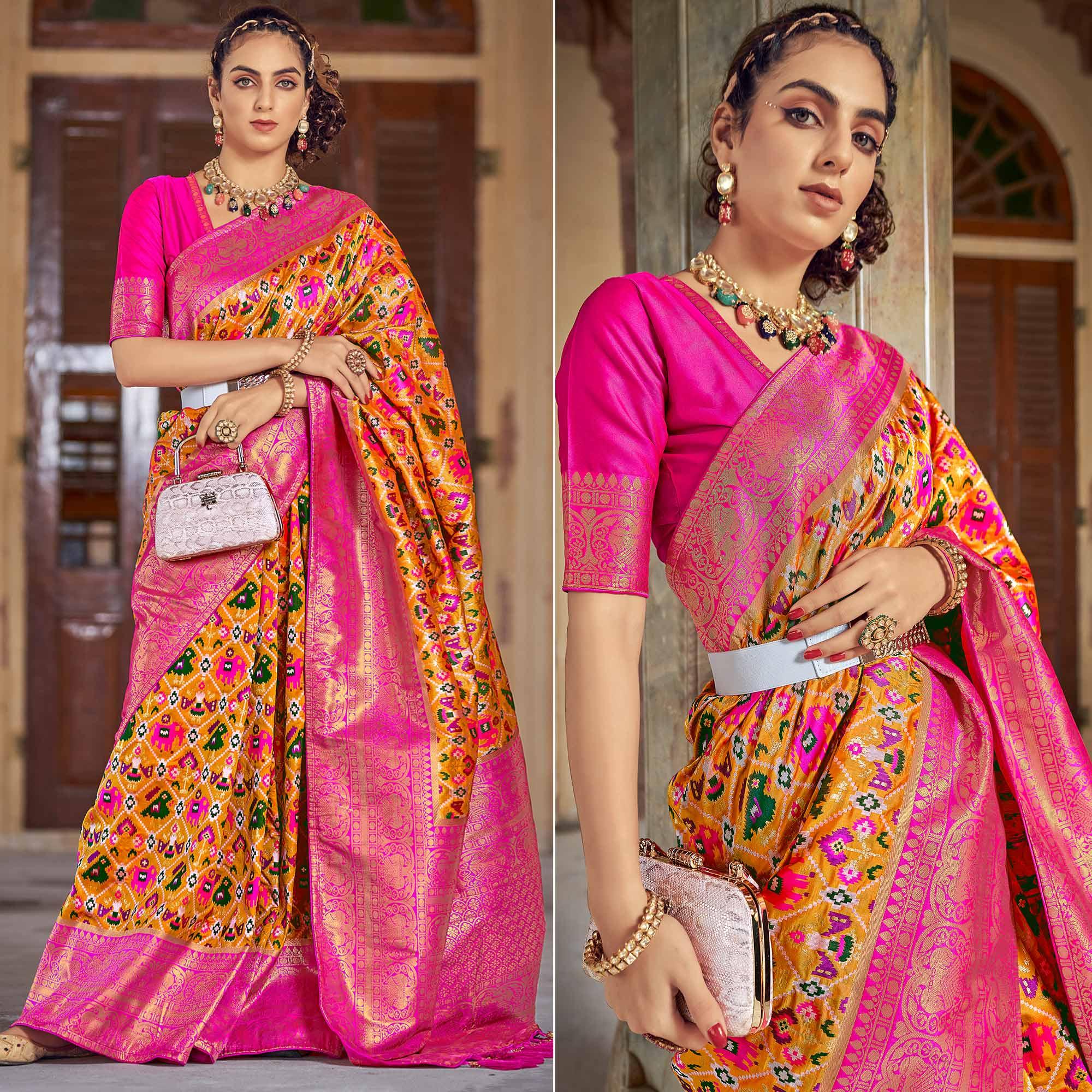 Yellow Woven Patola Art Silk Saree - Peachmode