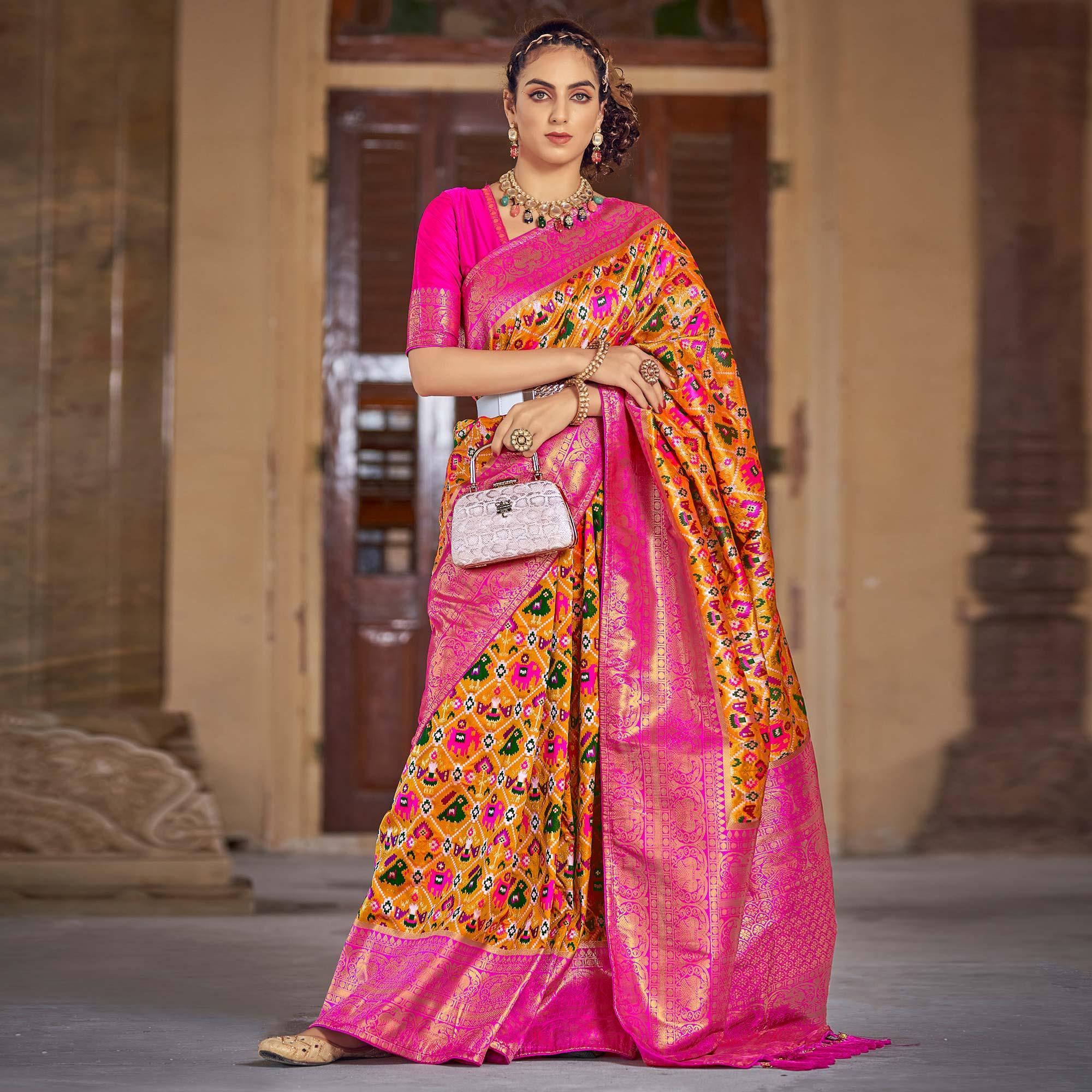 Yellow Woven Patola Art Silk Saree - Peachmode