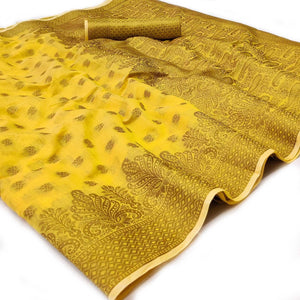 Yellow Woven Poly Cotton Saree - Peachmode
