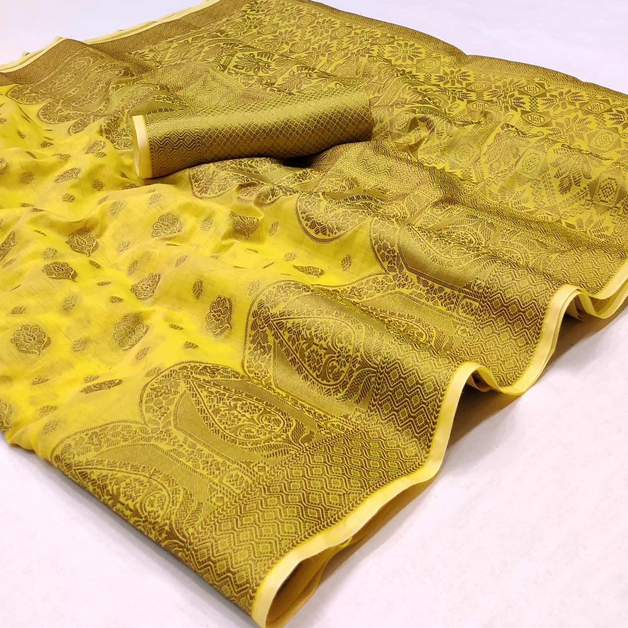 Yellow Woven Poly Cotton Saree - Peachmode