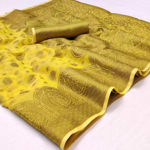 Yellow Woven Poly Cotton Saree - Peachmode