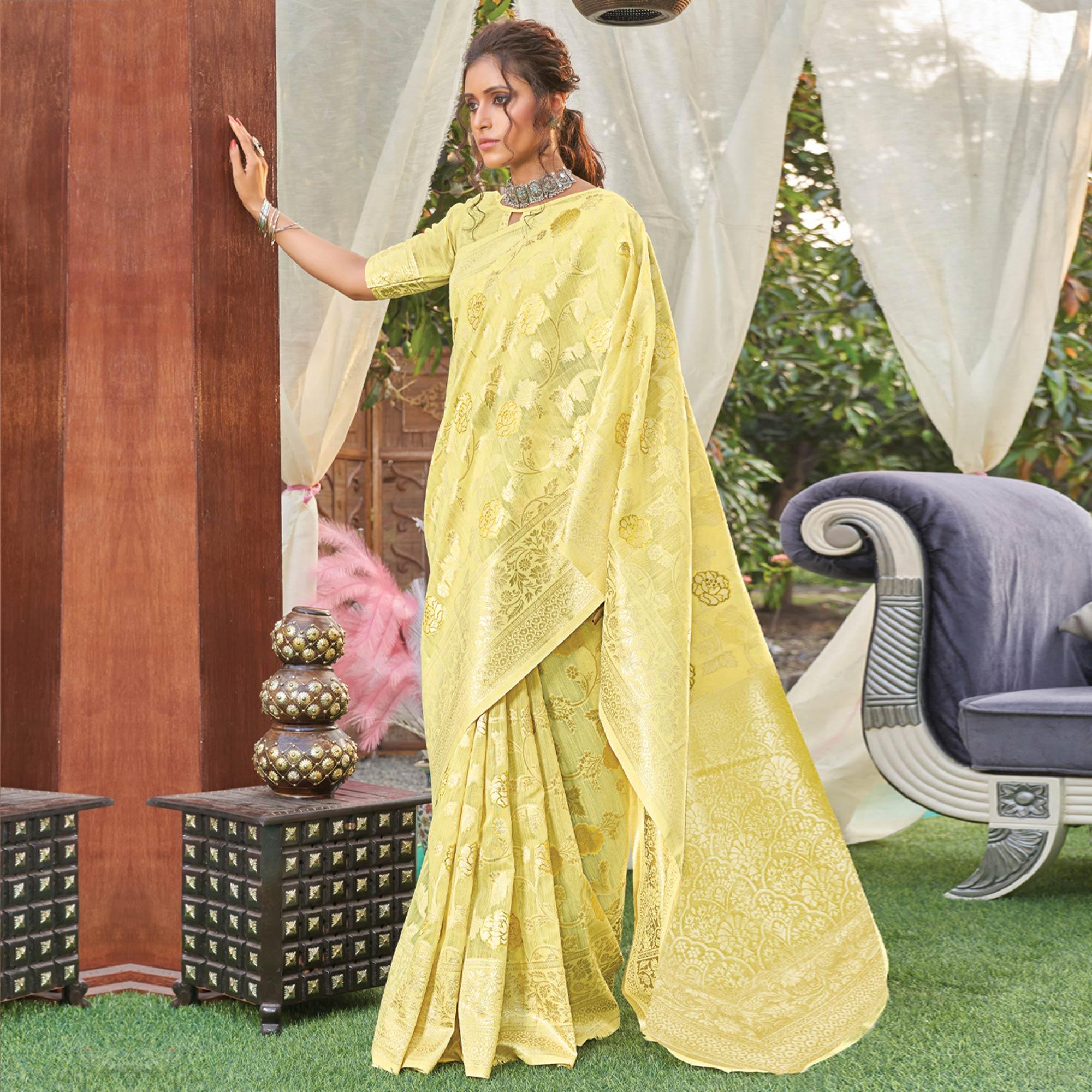 Yellow Woven Poly Cotton Saree - Peachmode