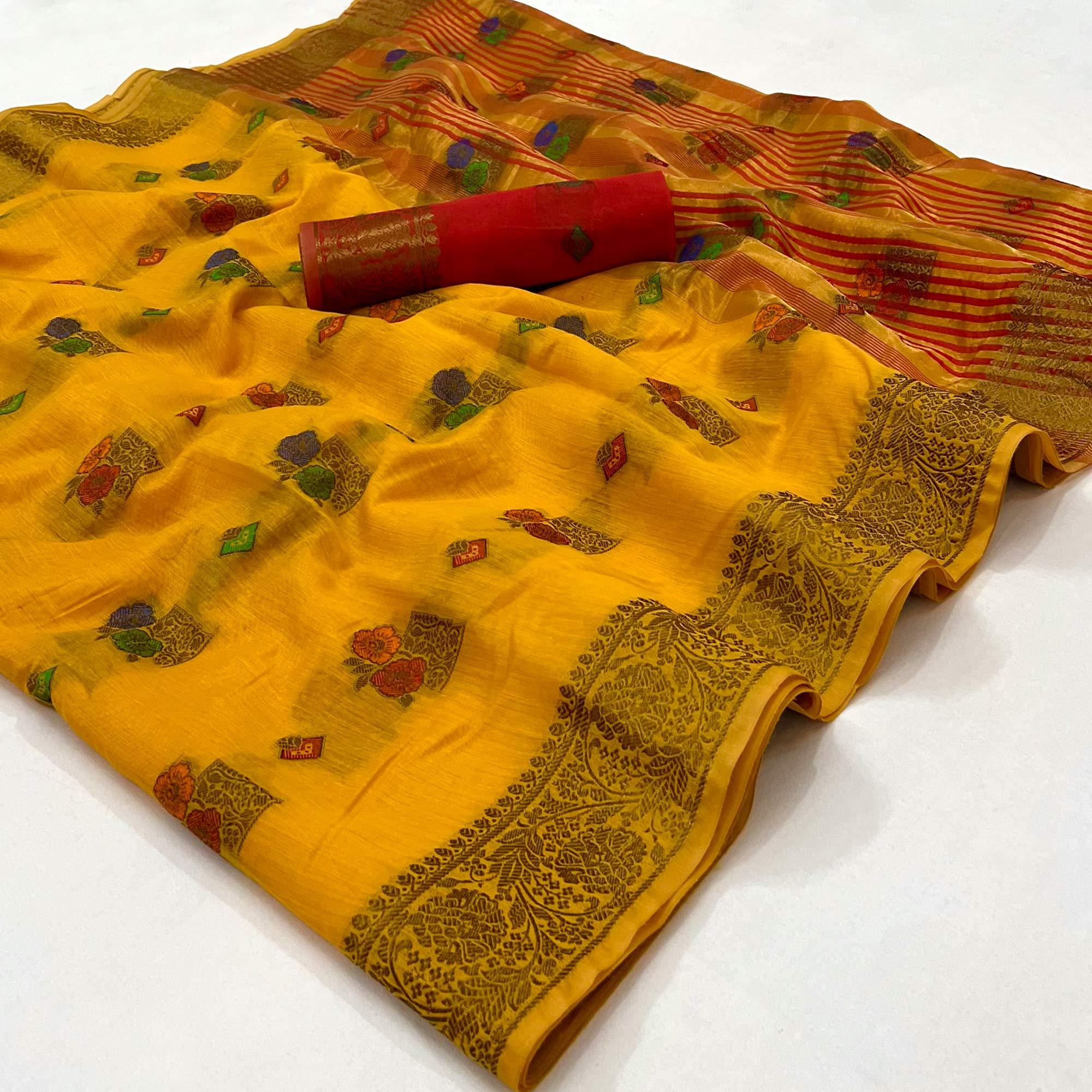 Yellow Woven Poly Cotton Saree - Peachmode