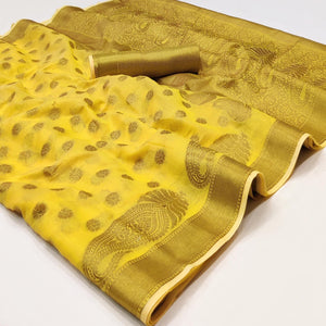 Yellow Woven Poly Cotton Saree - Peachmode