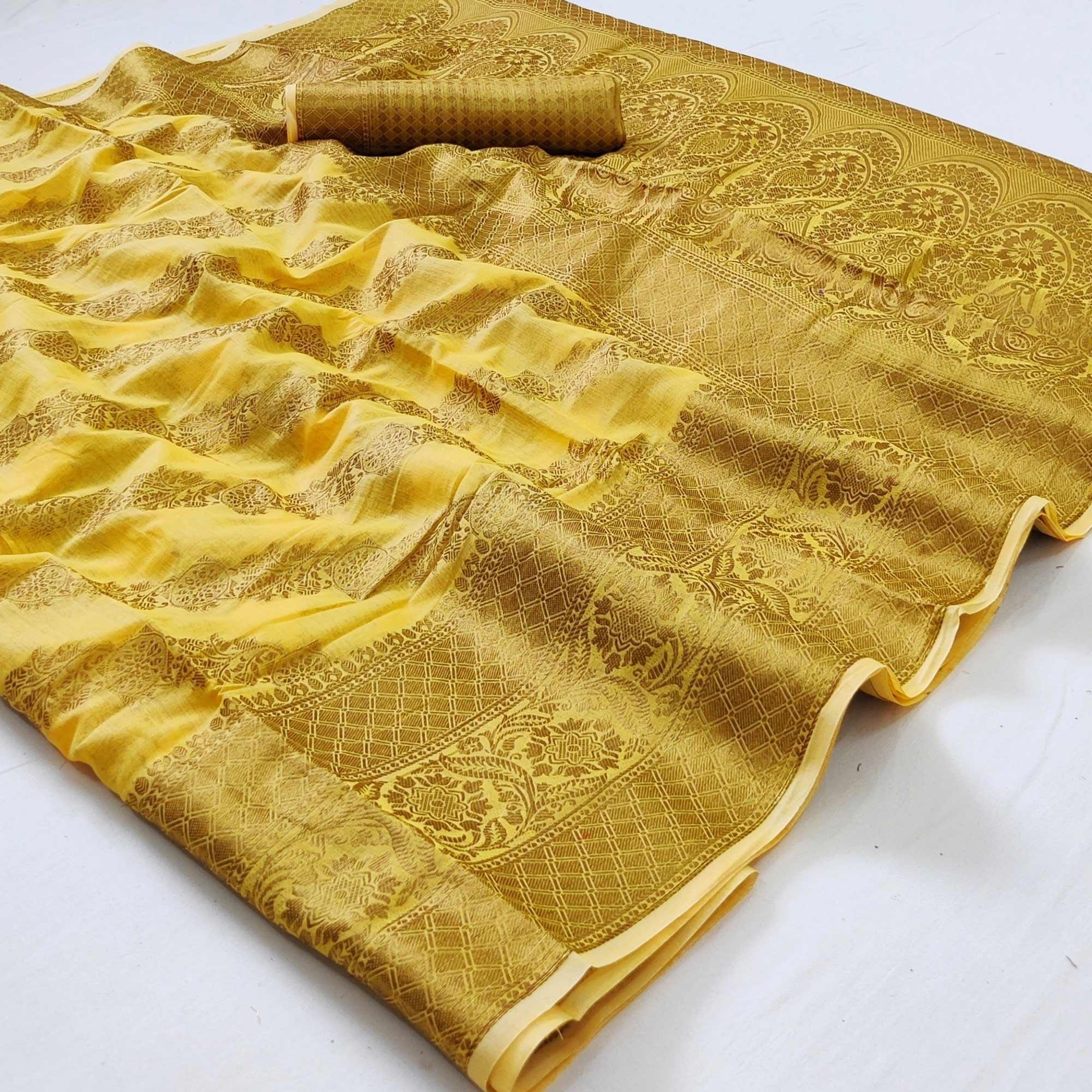 Yellow Woven Poly Cotton Saree - Peachmode