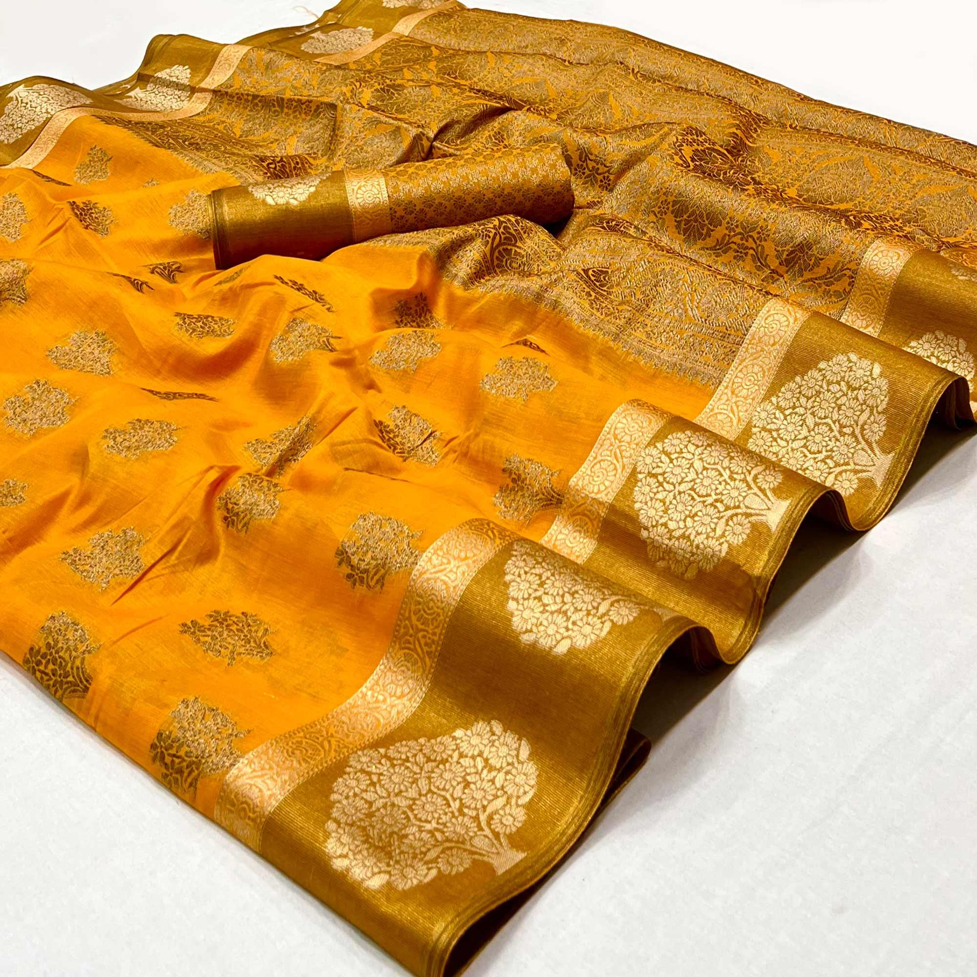 Yellow Woven Poly Cotton Saree - Peachmode