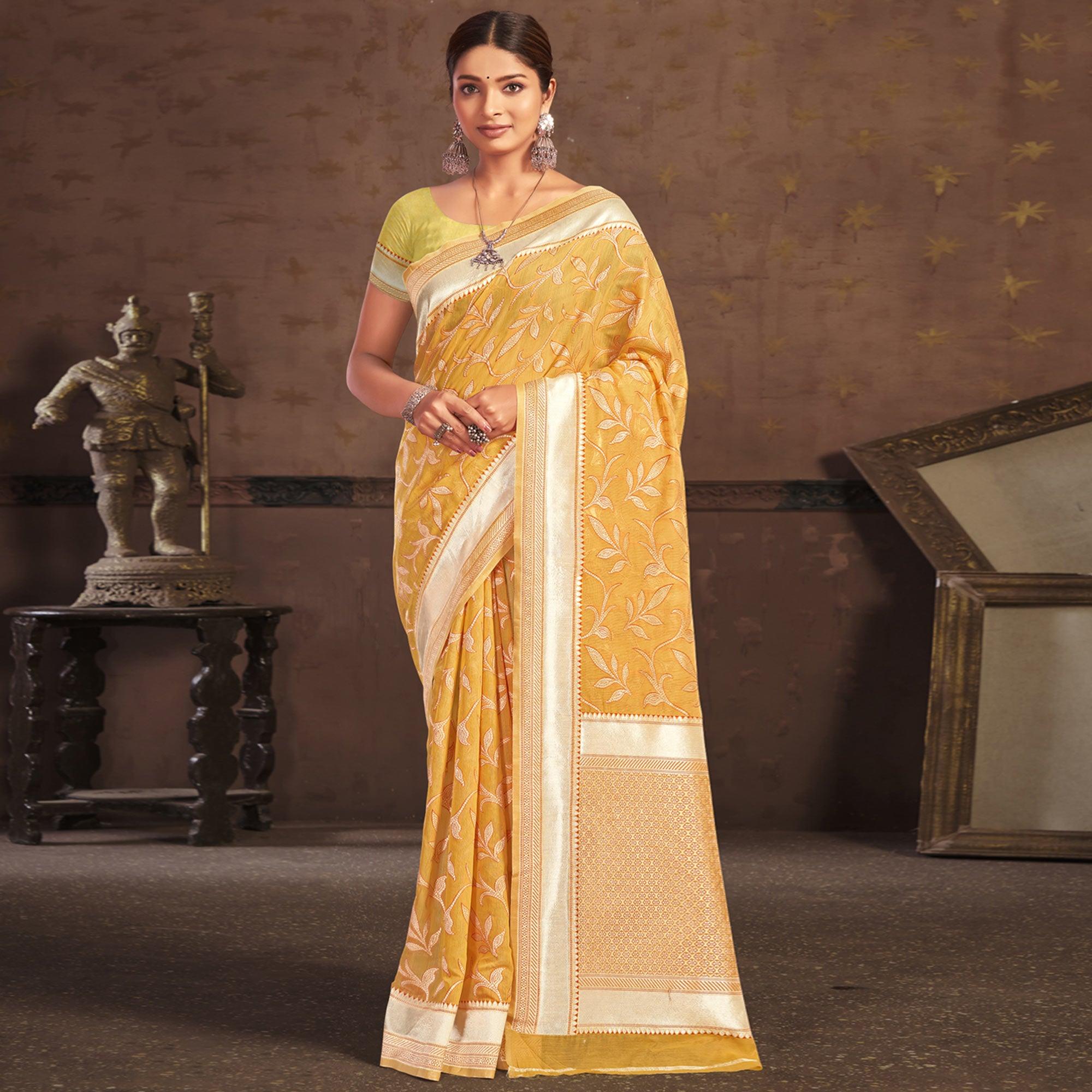 Yellow Woven Poly Cotton Saree - Peachmode