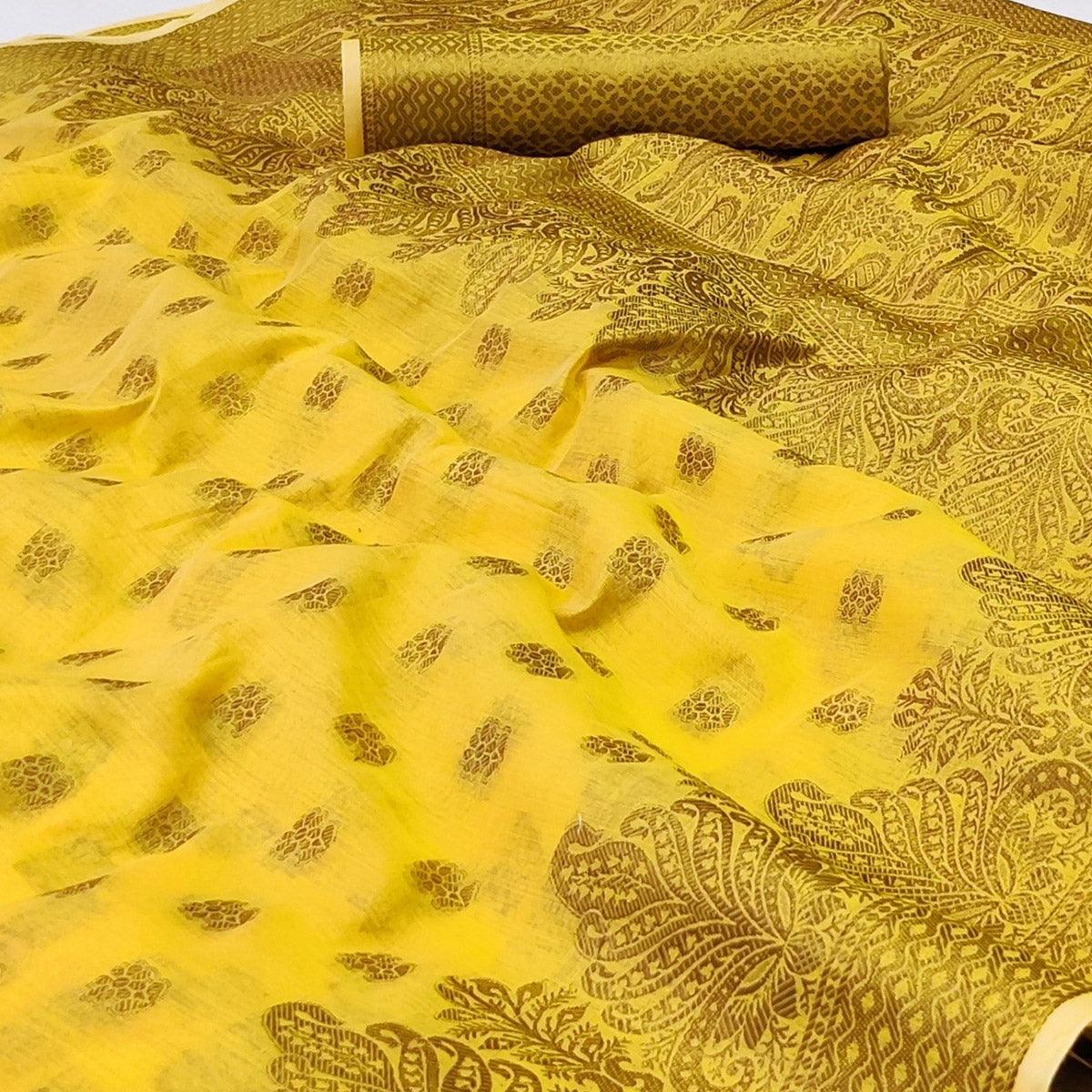 Yellow Woven Poly Cotton Saree - Peachmode