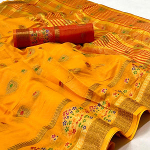 Yellow Woven Poly Cotton Saree - Peachmode