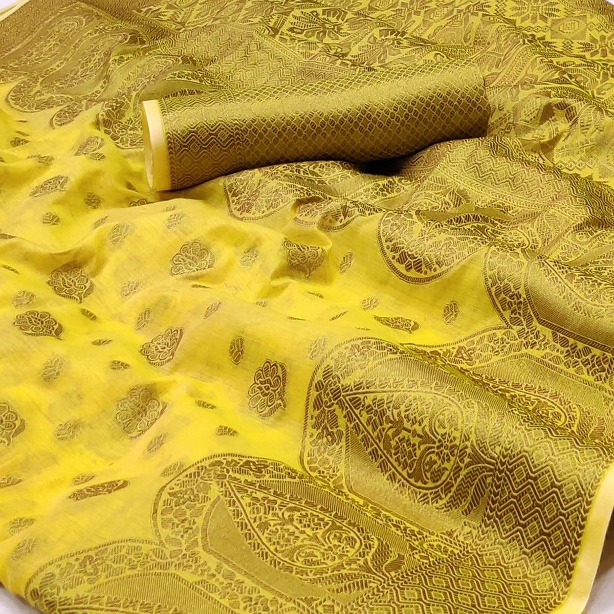Yellow Woven Poly Cotton Saree - Peachmode