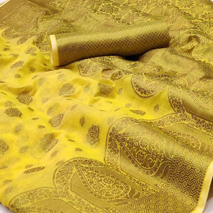 Yellow Woven Poly Cotton Saree - Peachmode