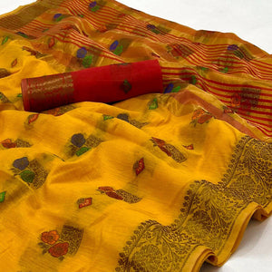 Yellow Woven Poly Cotton Saree - Peachmode