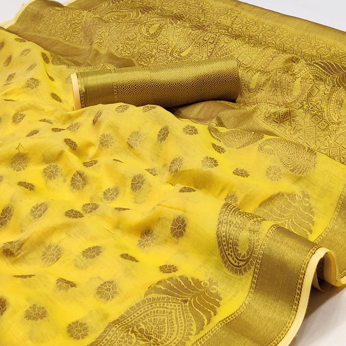 Yellow Woven Poly Cotton Saree - Peachmode