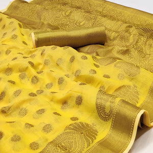 Yellow Woven Poly Cotton Saree - Peachmode