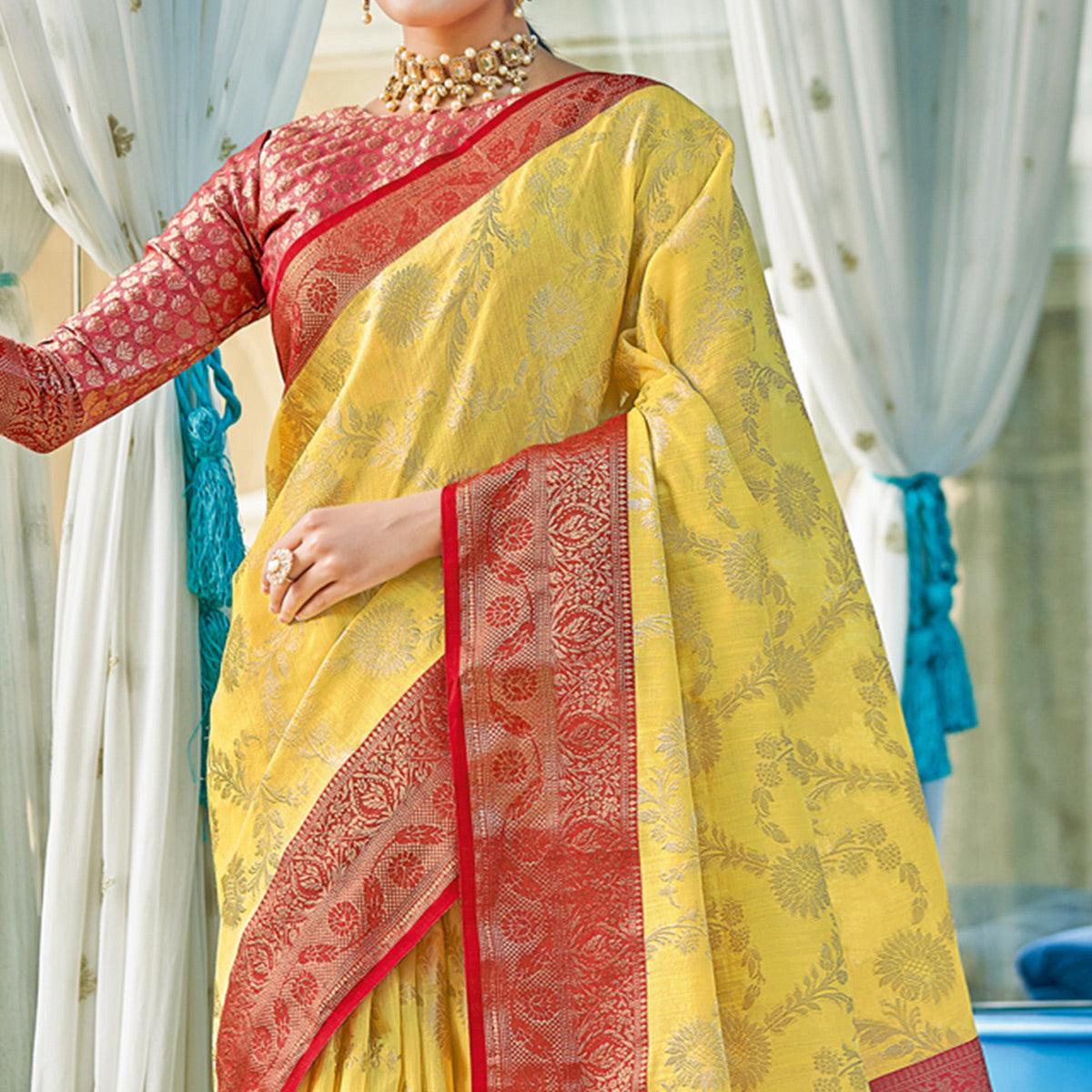 Yellow Woven Poly Cotton Saree - Peachmode