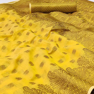 Yellow Woven Poly Cotton Saree - Peachmode