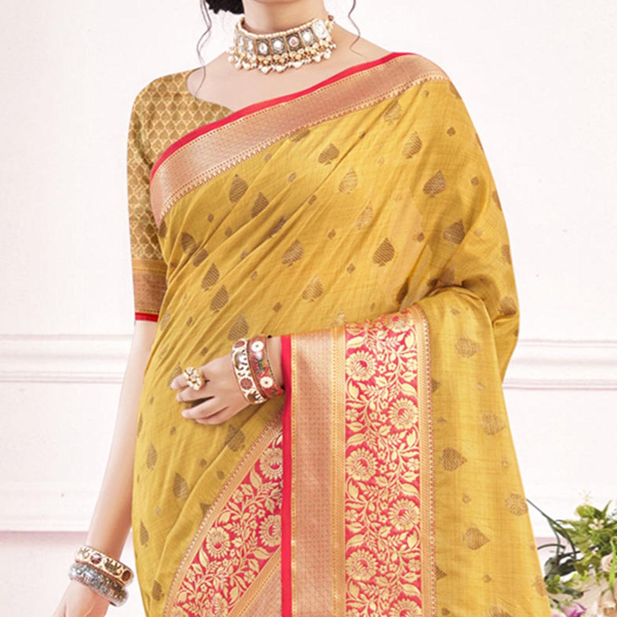 Yellow Woven Poly Cotton Saree - Peachmode